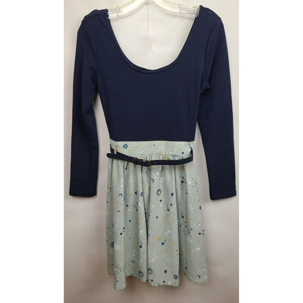 ModCloth Navy Gray Constellation Printed Skirt Belted Dress Size Small